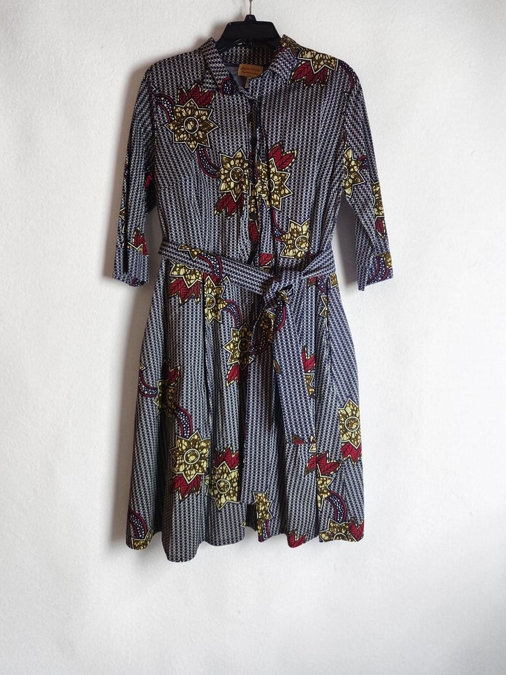 Button-Front Midi Shirt Dress with Tie Belt - Navy, Red & Gold Floral